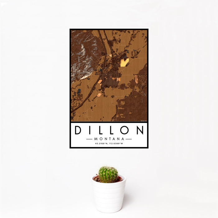 12x18 Dillon Montana Map Print Portrait Orientation in Ember Style With Small Cactus Plant in White Planter