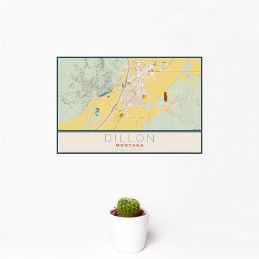 12x18 Dillon Montana Map Print Landscape Orientation in Woodblock Style With Small Cactus Plant in White Planter