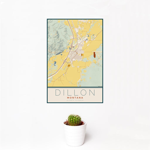 12x18 Dillon Montana Map Print Portrait Orientation in Woodblock Style With Small Cactus Plant in White Planter