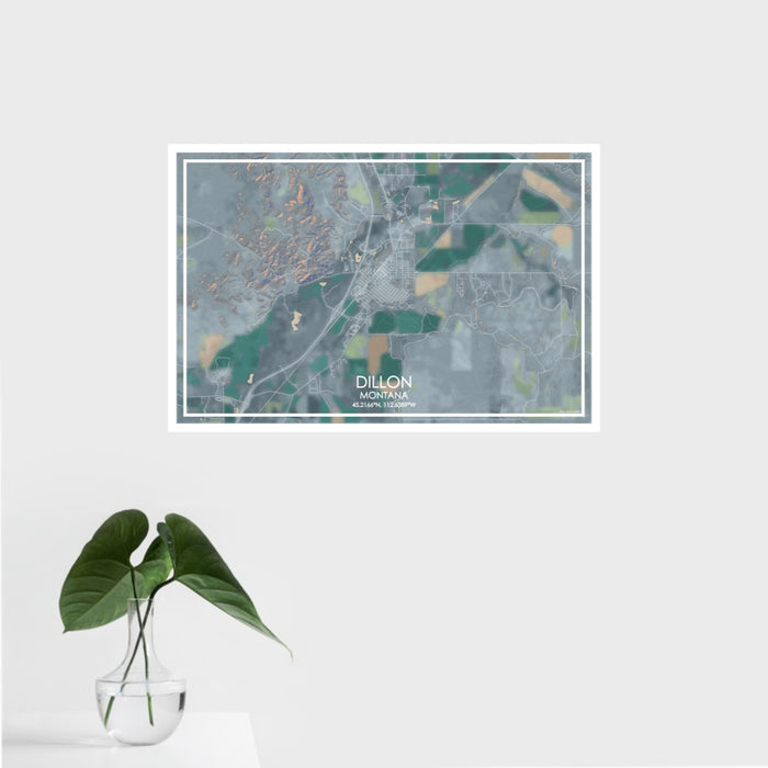 16x24 Dillon Montana Map Print Landscape Orientation in Afternoon Style With Tropical Plant Leaves in Water