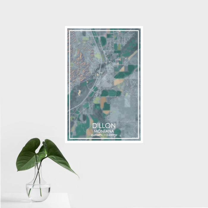 16x24 Dillon Montana Map Print Portrait Orientation in Afternoon Style With Tropical Plant Leaves in Water