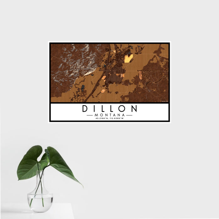 16x24 Dillon Montana Map Print Landscape Orientation in Ember Style With Tropical Plant Leaves in Water