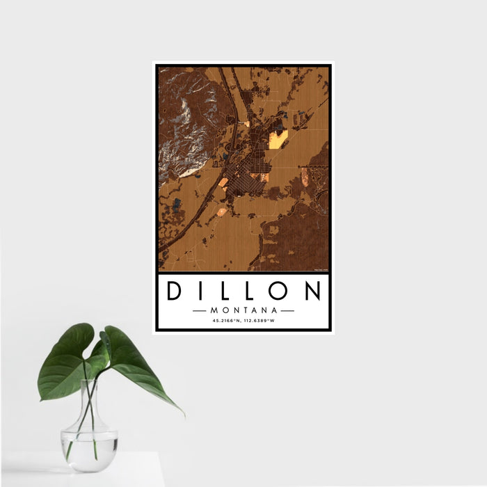 16x24 Dillon Montana Map Print Portrait Orientation in Ember Style With Tropical Plant Leaves in Water