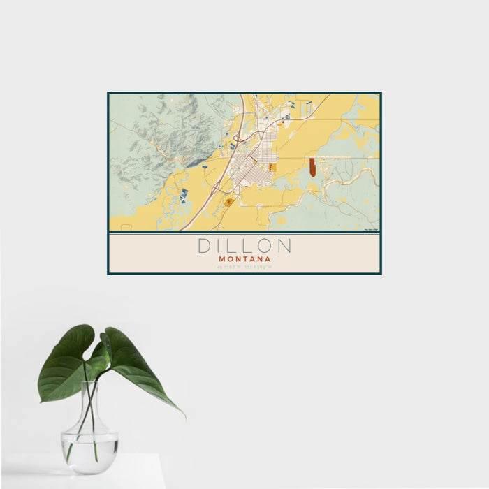16x24 Dillon Montana Map Print Landscape Orientation in Woodblock Style With Tropical Plant Leaves in Water