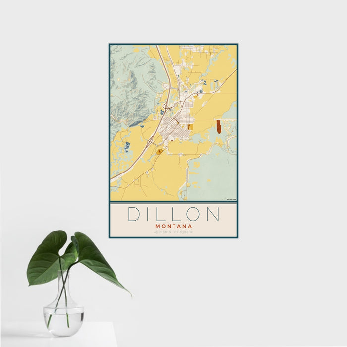 16x24 Dillon Montana Map Print Portrait Orientation in Woodblock Style With Tropical Plant Leaves in Water