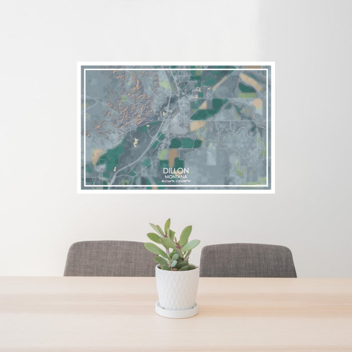 24x36 Dillon Montana Map Print Lanscape Orientation in Afternoon Style Behind 2 Chairs Table and Potted Plant
