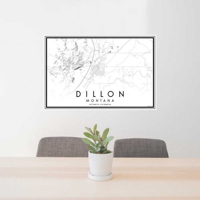 24x36 Dillon Montana Map Print Lanscape Orientation in Classic Style Behind 2 Chairs Table and Potted Plant
