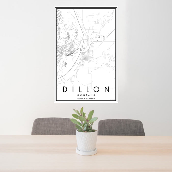 24x36 Dillon Montana Map Print Portrait Orientation in Classic Style Behind 2 Chairs Table and Potted Plant