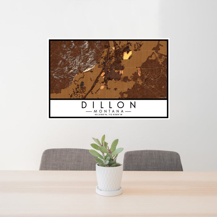 24x36 Dillon Montana Map Print Lanscape Orientation in Ember Style Behind 2 Chairs Table and Potted Plant