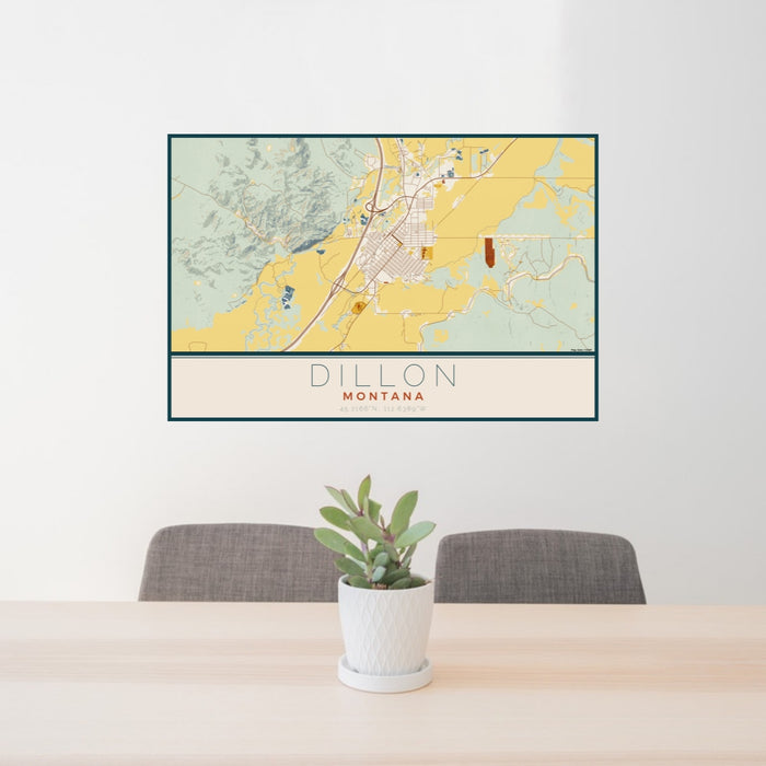 24x36 Dillon Montana Map Print Lanscape Orientation in Woodblock Style Behind 2 Chairs Table and Potted Plant