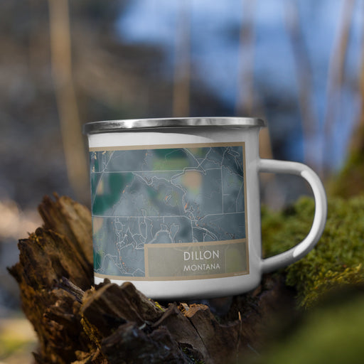 Right View Custom Dillon Montana Map Enamel Mug in Afternoon on Grass With Trees in Background