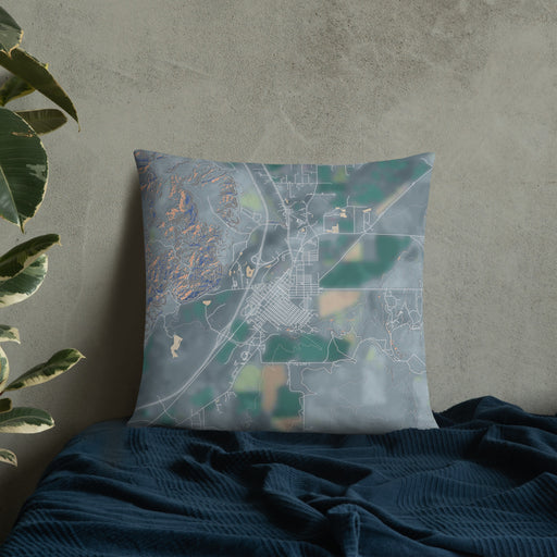 Custom Dillon Montana Map Throw Pillow in Afternoon on Bedding Against Wall