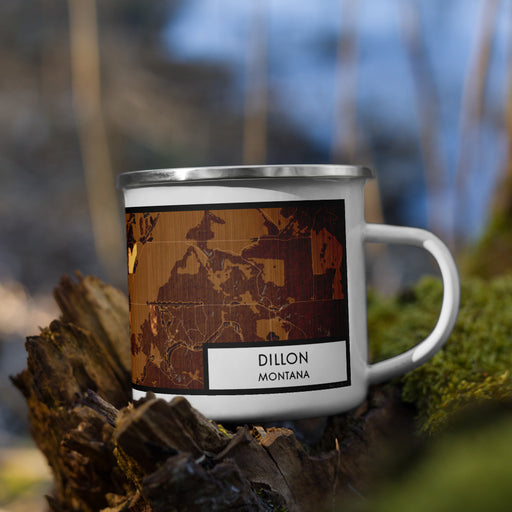 Right View Custom Dillon Montana Map Enamel Mug in Ember on Grass With Trees in Background