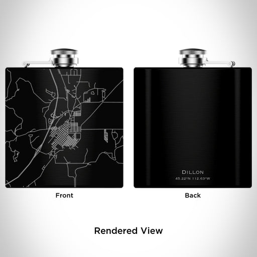Rendered View of Dillon Montana Map Engraving on 6oz Stainless Steel Flask in Black