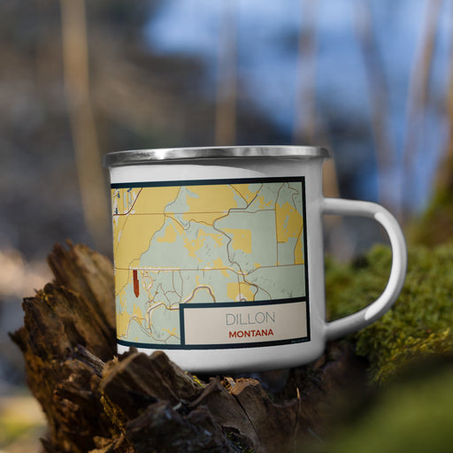 Right View Custom Dillon Montana Map Enamel Mug in Woodblock on Grass With Trees in Background