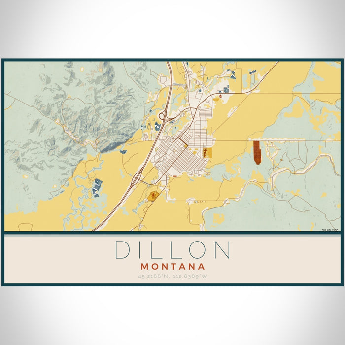 Dillon Montana Map Print Landscape Orientation in Woodblock Style With Shaded Background