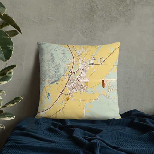 Custom Dillon Montana Map Throw Pillow in Woodblock on Bedding Against Wall