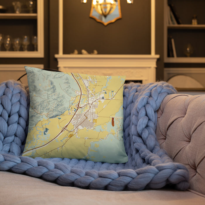 Custom Dillon Montana Map Throw Pillow in Woodblock on Cream Colored Couch