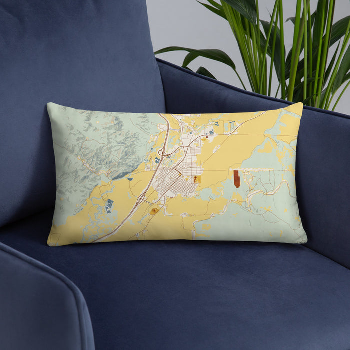 Custom Dillon Montana Map Throw Pillow in Woodblock on Blue Colored Chair
