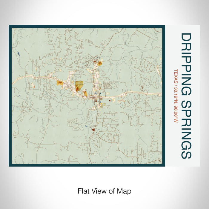 Rendered View of Dripping Springs Texas Map on 20oz Stainless Steel Insulated Bottle with Bamboo Top with printed woodblock style map