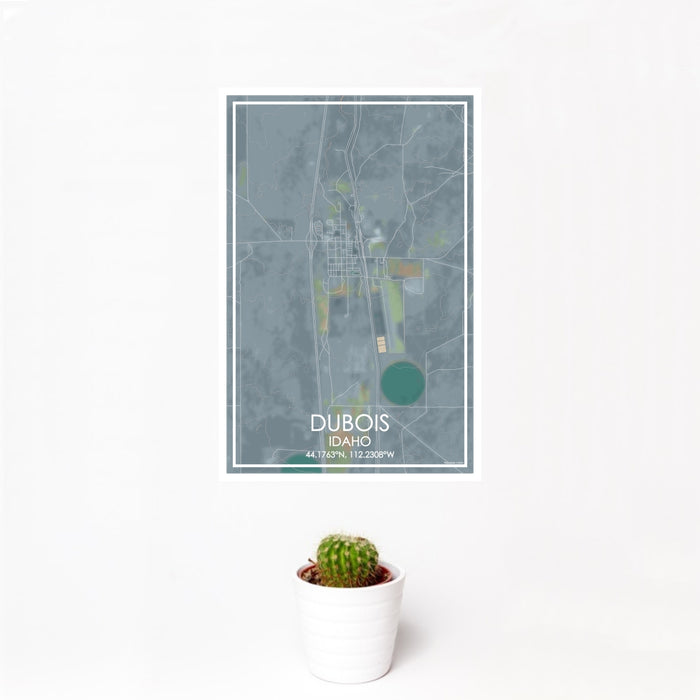 12x18 Dubois Idaho Map Print Portrait Orientation in Afternoon Style With Small Cactus Plant in White Planter