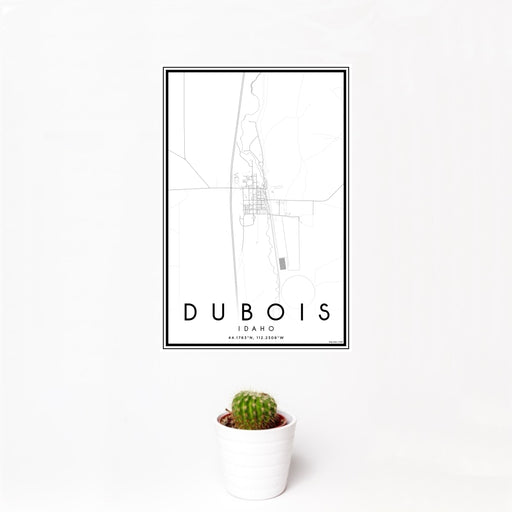 12x18 Dubois Idaho Map Print Portrait Orientation in Classic Style With Small Cactus Plant in White Planter