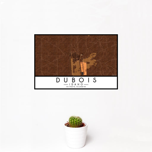 12x18 Dubois Idaho Map Print Landscape Orientation in Ember Style With Small Cactus Plant in White Planter