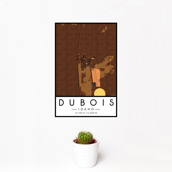 12x18 Dubois Idaho Map Print Portrait Orientation in Ember Style With Small Cactus Plant in White Planter