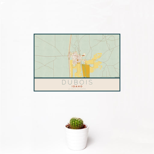 12x18 Dubois Idaho Map Print Landscape Orientation in Woodblock Style With Small Cactus Plant in White Planter