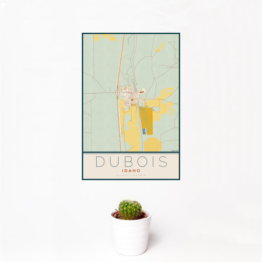 12x18 Dubois Idaho Map Print Portrait Orientation in Woodblock Style With Small Cactus Plant in White Planter