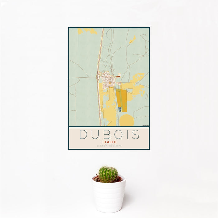 12x18 Dubois Idaho Map Print Portrait Orientation in Woodblock Style With Small Cactus Plant in White Planter