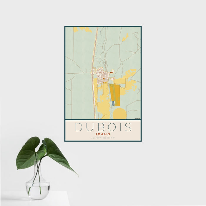 16x24 Dubois Idaho Map Print Portrait Orientation in Woodblock Style With Tropical Plant Leaves in Water