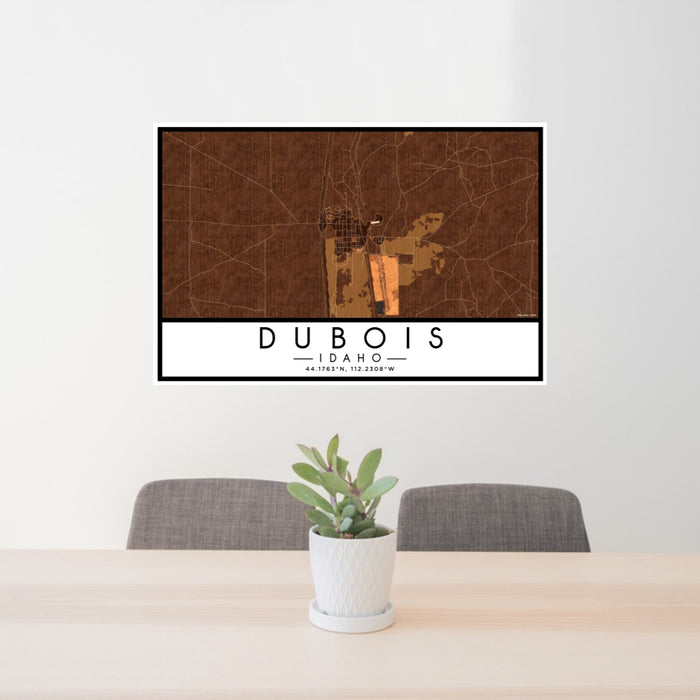 24x36 Dubois Idaho Map Print Lanscape Orientation in Ember Style Behind 2 Chairs Table and Potted Plant