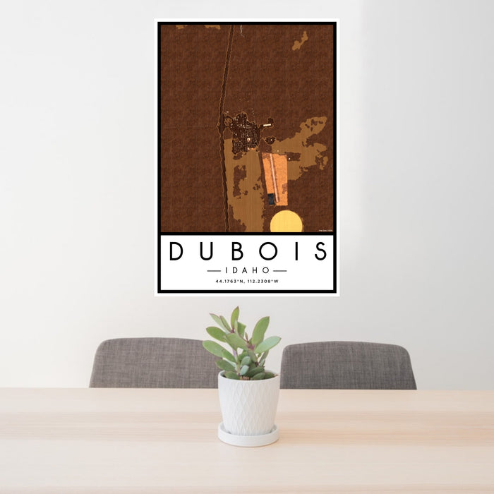 24x36 Dubois Idaho Map Print Portrait Orientation in Ember Style Behind 2 Chairs Table and Potted Plant