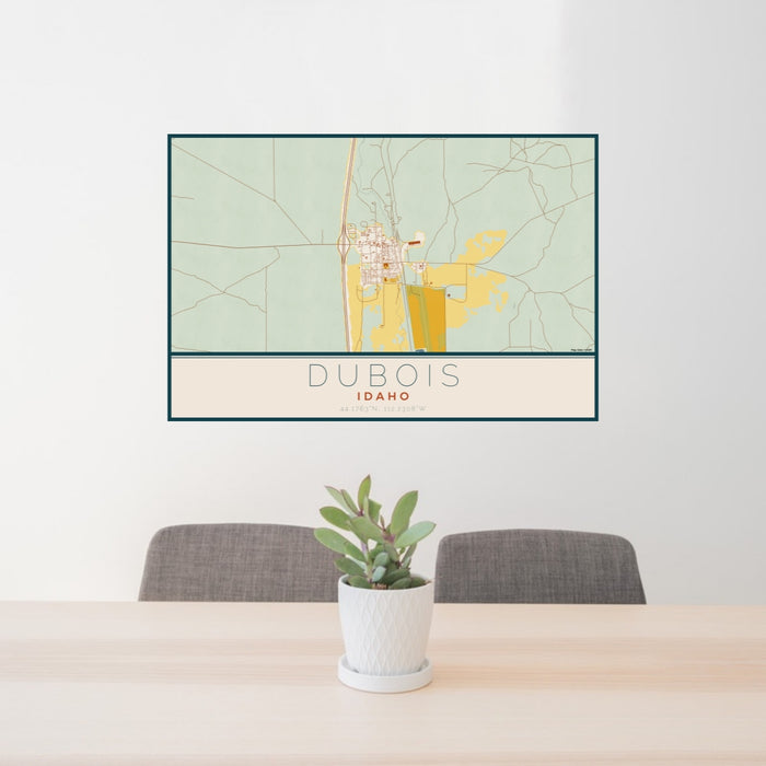 24x36 Dubois Idaho Map Print Lanscape Orientation in Woodblock Style Behind 2 Chairs Table and Potted Plant