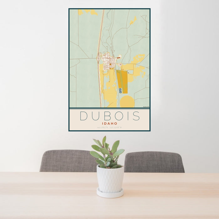 24x36 Dubois Idaho Map Print Portrait Orientation in Woodblock Style Behind 2 Chairs Table and Potted Plant