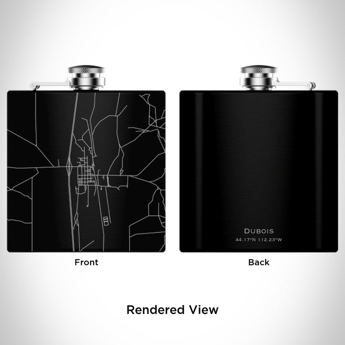 Rendered View of Dubois Idaho Map Engraving on 6oz Stainless Steel Flask in Black