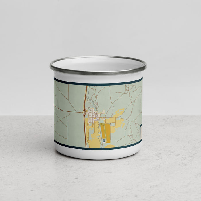 Front View Custom Dubois Idaho Map Enamel Mug in Woodblock