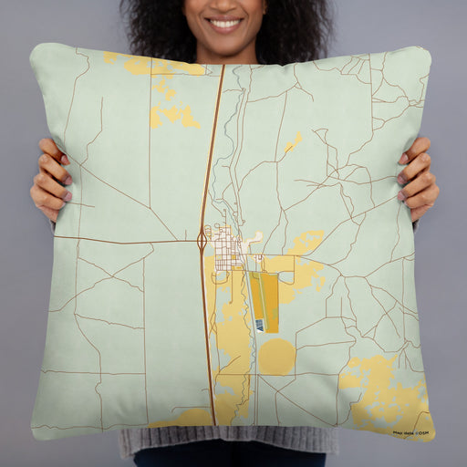 Person holding 22x22 Custom Dubois Idaho Map Throw Pillow in Woodblock