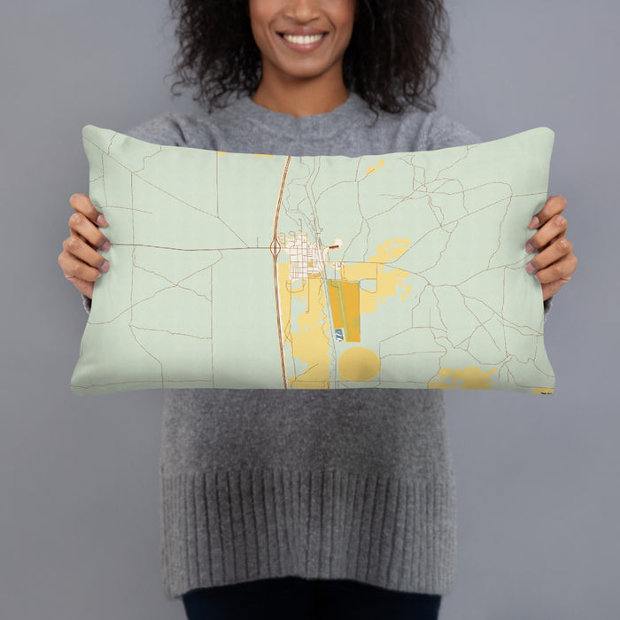Person holding 20x12 Custom Dubois Idaho Map Throw Pillow in Woodblock