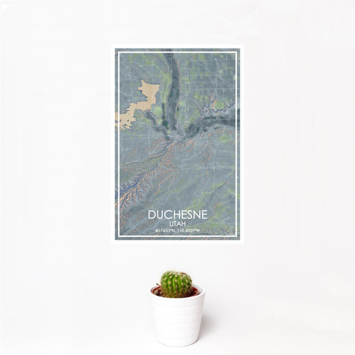 12x18 Duchesne Utah Map Print Portrait Orientation in Afternoon Style With Small Cactus Plant in White Planter