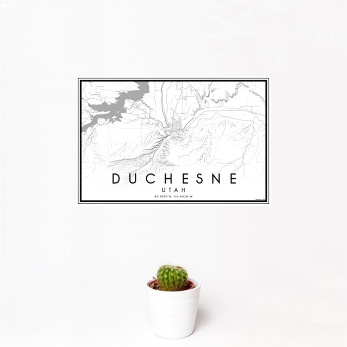 12x18 Duchesne Utah Map Print Landscape Orientation in Classic Style With Small Cactus Plant in White Planter