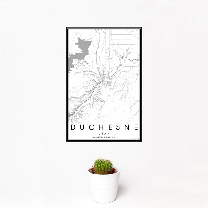 12x18 Duchesne Utah Map Print Portrait Orientation in Classic Style With Small Cactus Plant in White Planter