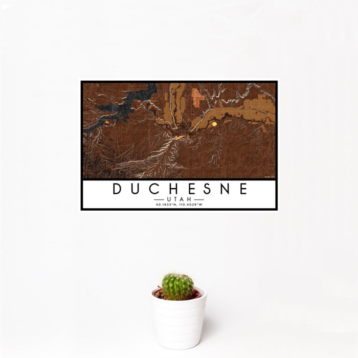 12x18 Duchesne Utah Map Print Landscape Orientation in Ember Style With Small Cactus Plant in White Planter