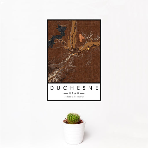 12x18 Duchesne Utah Map Print Portrait Orientation in Ember Style With Small Cactus Plant in White Planter