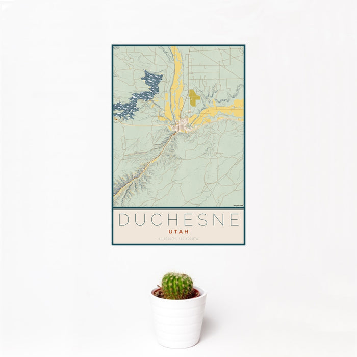 12x18 Duchesne Utah Map Print Portrait Orientation in Woodblock Style With Small Cactus Plant in White Planter