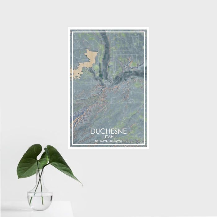 16x24 Duchesne Utah Map Print Portrait Orientation in Afternoon Style With Tropical Plant Leaves in Water