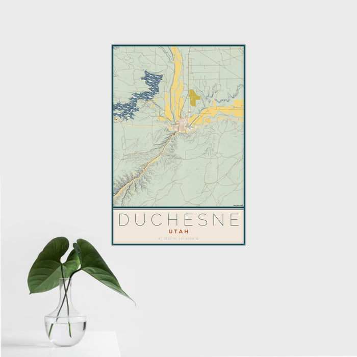 16x24 Duchesne Utah Map Print Portrait Orientation in Woodblock Style With Tropical Plant Leaves in Water