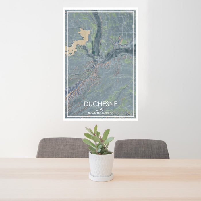 24x36 Duchesne Utah Map Print Portrait Orientation in Afternoon Style Behind 2 Chairs Table and Potted Plant