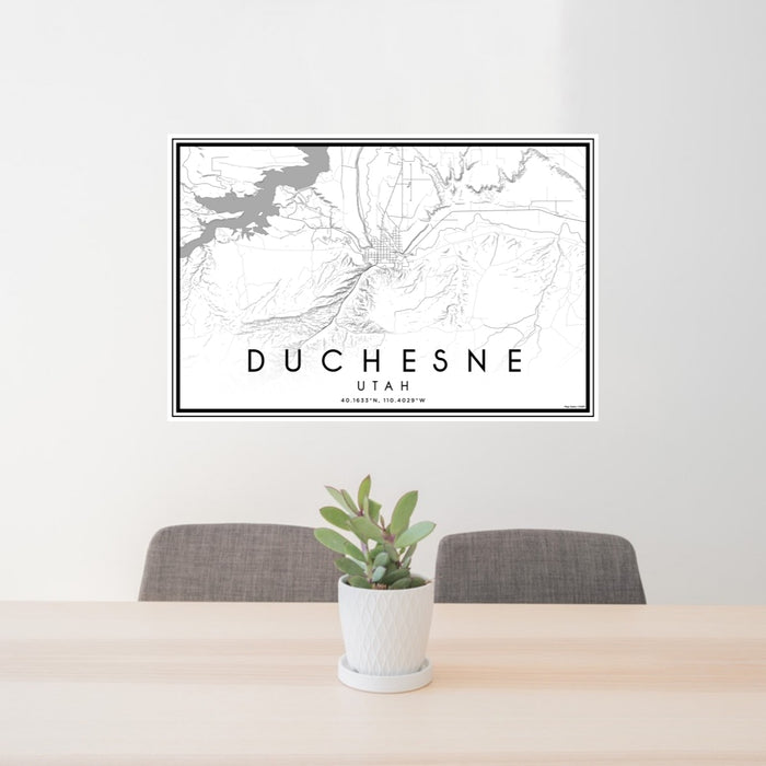 24x36 Duchesne Utah Map Print Lanscape Orientation in Classic Style Behind 2 Chairs Table and Potted Plant